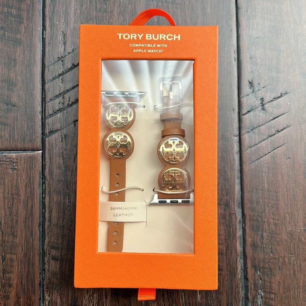 TORY BURCH Miller Logo Studded Brown Leather Strap For Apple Watch 38mm/40mm